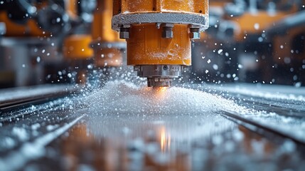 Industrial waterjet cutting machine cutting metal.  High-pressure water jet cutting metal sheet.  Precise, high-speed, automated manufacturing process.  Powerful machine working. 