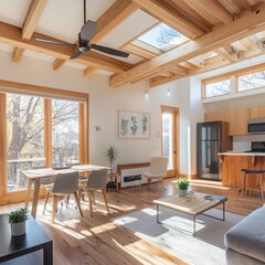 Cozy eco-friendly living room design with recycled materials modern home natural light inviting atmosphere contemporary style