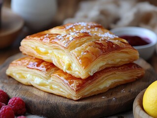 Homemade flaky cheese danish with custard filling and powdered sugar on wooden board. Close up of layered puff pastry dessert with creamy filling