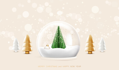 Merry Christmas background. Glass transparent ball on podium with ball, plastic tree and white snow inside. Holiday card dome glossy snowball and gold tree on bokeh backdrop. Vector x-mas design. © SidorArt