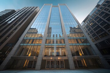 exterior of a magnificent office building in the city, low angle view of tall buildings.