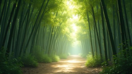 Obraz premium Serene Bamboo Forest Path in Sunrise Light, Generative AI