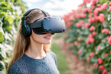 Woman wearing a virtual reality headset explores immersive technology in a modern setting, showcasing futuristic innovation and entertainment.