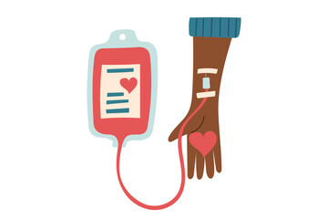 Blood donation concept. Human hand and blood bag isolated on white. Vector hand drawn clipart.
