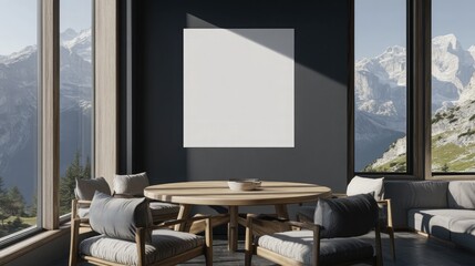 A stylish dining room with a blank poster on a charcoal gray wall, featuring a round wooden dining table and cushioned chairs. Floor-to-ceiling windows display a stunning mountain range.