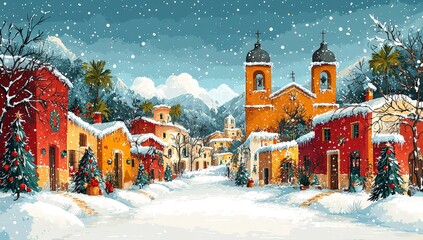 A cartoon-style Christmas background illustration of an ancient Spanish town with decorated buildings, a clear sky, and a snowy landscape. 