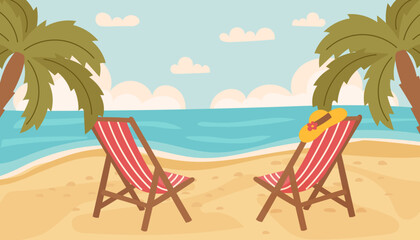 Summer beach background. Sun lounger, sand, sea, palms, sky. Travel and vacation concept banner. Vector flat illustration.