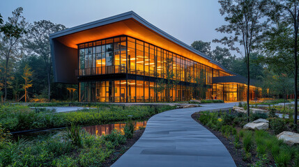 Fototapeta premium A sleek school building with an innovative design, featuring outdoor learning areas
