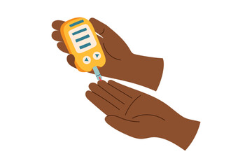 Concept of diabetes monitoring and healthcare. Human hands holding glucometer and measuring sugar level, blood test. Vector hand drawn clipart. 