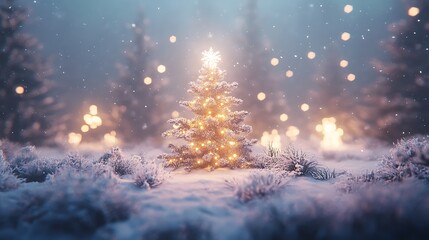 Naklejka premium Winter Holiday Scene With Snowflakes And Glowing Christmas Tree 