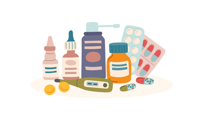 Medical background. Pill bottle, pills, nasal spray, thermometer, throat spray isolated on white background. Concept of medicine, healthcare and cure. 