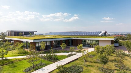 Obraz premium Innovative eco-friendly school design featuring solar panels and green roof in urban setting sustainable architecture concept