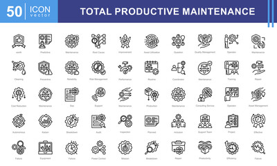 Total productive maintenance icon collection set. Containing equipment, break, reliability, time, inspection, efficiency, preventive icon.