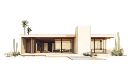 Modern desert house with warm tones and minimalistic design, surrounded by cacti
