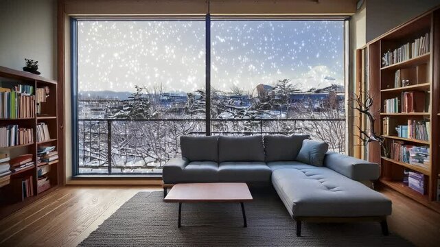 日本のマンション・アパートの部屋リビング　窓の外の雪景色の街　降り積もる降雪の天気　室内のソファと棚・テーブル　冬の風景背景素材　寒い家と落ち着いた雰囲気　クリスマス・年末・新年・冬休み・正月のイメージバックグラウンド