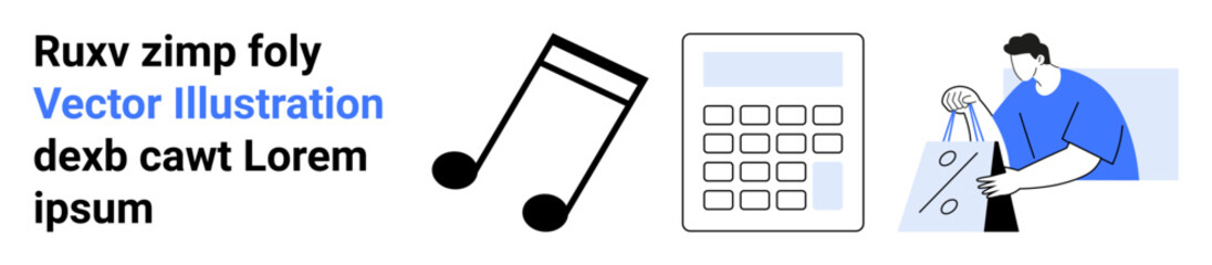 Music note, calculator, and person holding a shopping bag. Ideal for music, finance, retail, e-commerce, shopping technology and calculation apps. Landing page