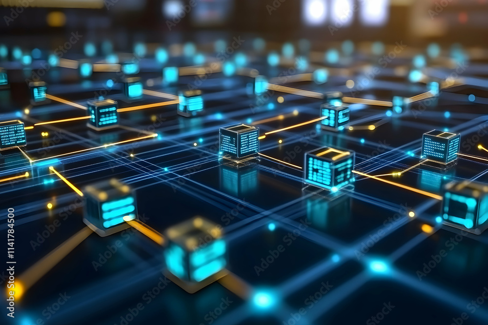 Poster abstract network data visualization with glowing nodes and connections.