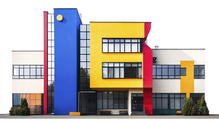 vibrant, modern building with colorful geometric shapes and large windows