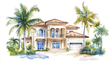 Luxurious beachfront house surrounded by tropical palms and vibrant greenery