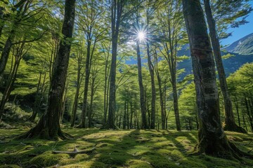 Naklejka premium Sunlight filters through lush green trees in a serene forest, casting gentle shadows on a mossy ground.
