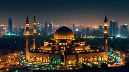 Fototapeta premium Grand Mosque at Night, Illuminated Beauty Amidst Urban Skyscrapers V3