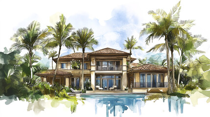 Fototapeta premium Luxurious beachfront house surrounded by tropical palms and vibrant greenery