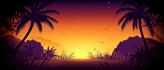 Tropical scene with palm trees and birds flying in the sky. Banner