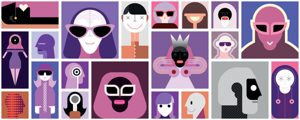 Collage of people portraits. Geometric style icons and character designs. Tileable wallpaper, can be used as seamless background.  