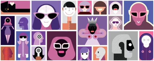 Collage of people portraits. Geometric style icons and character designs. Tileable wallpaper, can be used as seamless background.  