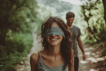 Blindfolded Person Being Led by Smiling Friend Through Serene Forest  Highlighting the Beauty of