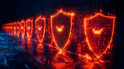 Obraz premium A row of glowing red shields with a dark background