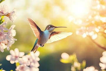 Fototapeta premium Hummingbird in flight near blooming cherry blossoms at sunset.
