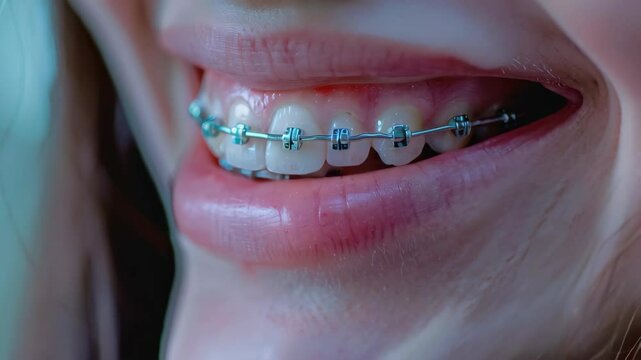 Close up of female white teeth with metal braces