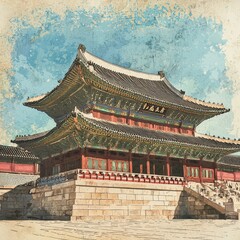 Obraz premium A historic Asian building with intricate architecture, featuring a tiered roof, vibrant colors, and surrounded by a serene landscape.