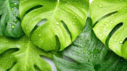 Fototapeta premium Lush green leaves with water droplets, showcasing a vibrant natural texture, ideal for a refreshing botanical aesthetic.