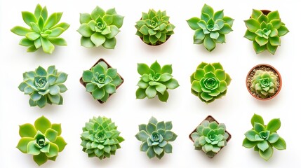 A variety of succulents arranged neatly, showcasing diverse shapes and vibrant green hues against a clean white background.