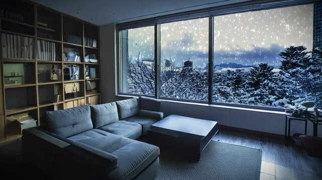 日本のマンション・アパートの部屋リビング　窓の外の雪景色の街　降り積もる降雪の天気　室内のソファと棚・テーブル　冬の風景背景素材　寒い家と落ち着いた雰囲気　クリスマス・年末・新年・冬休み・正月のイメージバックグラウンド