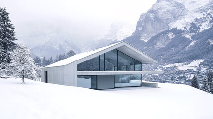 Sleek minimalist house in snowy landscape with large windows and mountain view