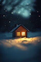 Naklejka premium A small house on a winter landscape, illuminated by warm light from within, a dark sky with clouds, in a minimalistic paper-cut style