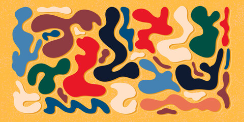 Retro Colorful Abstract Liquid Organic Shapes in Cartoon Y2K Style. Fluid irregular forms isolated on yellow background with subtle grunge texture.