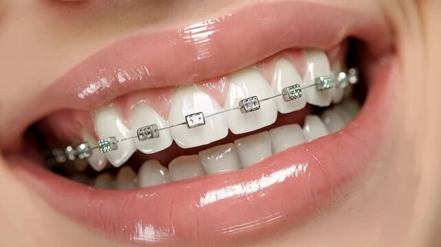 female white teeth with metal braces
