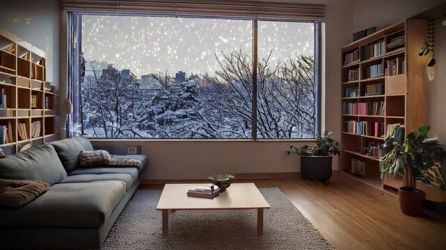 日本のマンション・アパートの部屋リビング　窓の外の雪景色の街　降り積もる降雪の天気　室内のソファと棚・テーブル　冬の風景背景素材　寒い家と落ち着いた雰囲気　クリスマス・年末・新年・冬休み・正月のイメージバックグラウンド