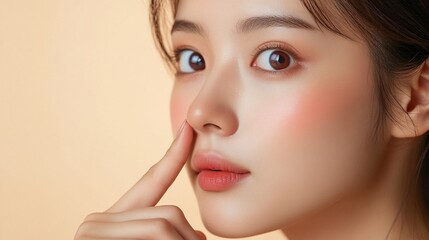 Fototapeta premium Close-up portrait of a young woman touching her nose, soft lighting, peachy blush.
