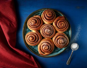 A top view of a platter of cinnamon rolls with sugar on the side, placed on an old blue table top with a red cloth in the background. Editorial style food photography, high resolution.