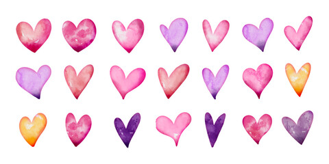 Cute Watercolor Heart Icons. Hand painted love signs perfect for decorating cards, banners. Mother's day, Valentine's Day cute ornaments
