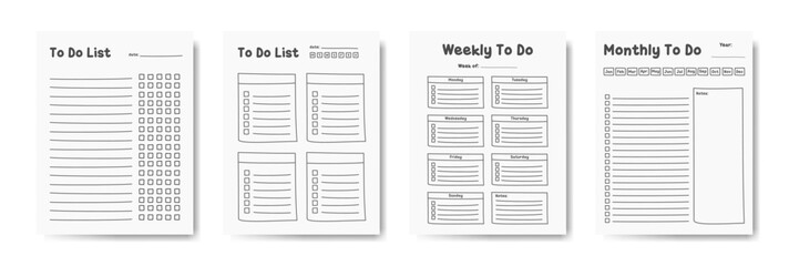 A set of hand writing four black-and-white to-do list templates for daily, weekly, and monthly planning.