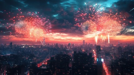 Fototapeta premium Fireworks explode over city skyline at sunset.