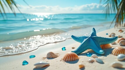 Beautiful Tropical Beach with Blue Starfish, Seashells, and Calm Waves Under Sunny Sky, Photograph pc, laptop wallpaper