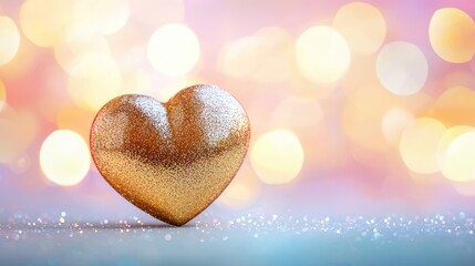 Fototapeta premium Soft, elegant gold heart with a dreamy bokeh effect and pastel hues surrounding it.