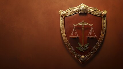 Ornate shield with justice scales.